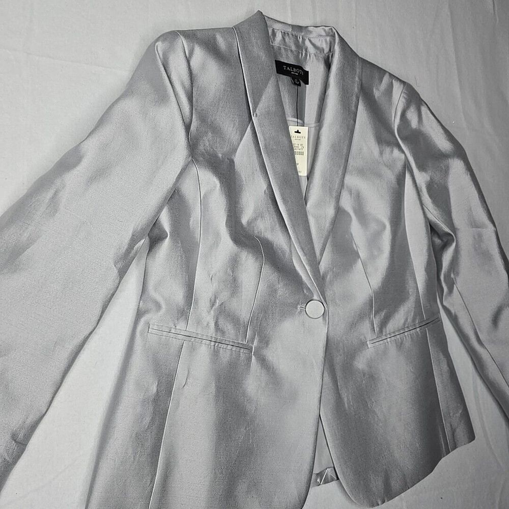 Talbots Gray‎ Silver Metallic Career Blazer Jacket Size 2 Petite Silk Cotton NWT - Picture 2 of 9